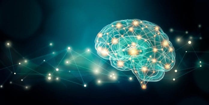 Human brain connexions illustration with abstract background and plexus lines network and copy space. Cerebral or neuronal activity concepts.