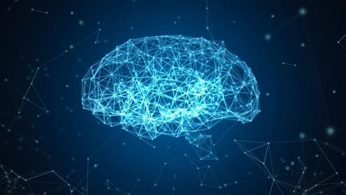 Digital data and network connection of human brain isolated on black background in the form of artificial intelligence for technology and medical concept. Motion graphic. 3d abstract illustration