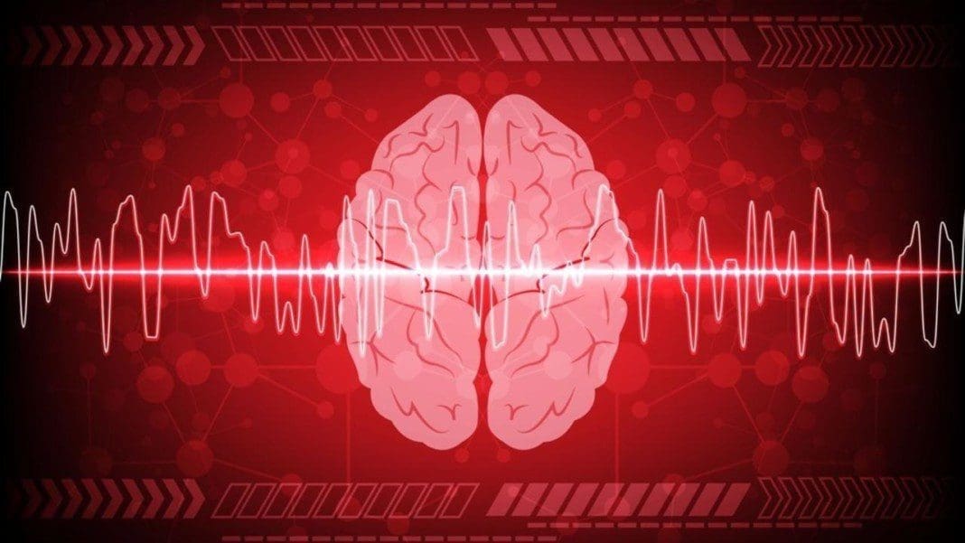 Abstract brain wave concept on blue background technology. illus