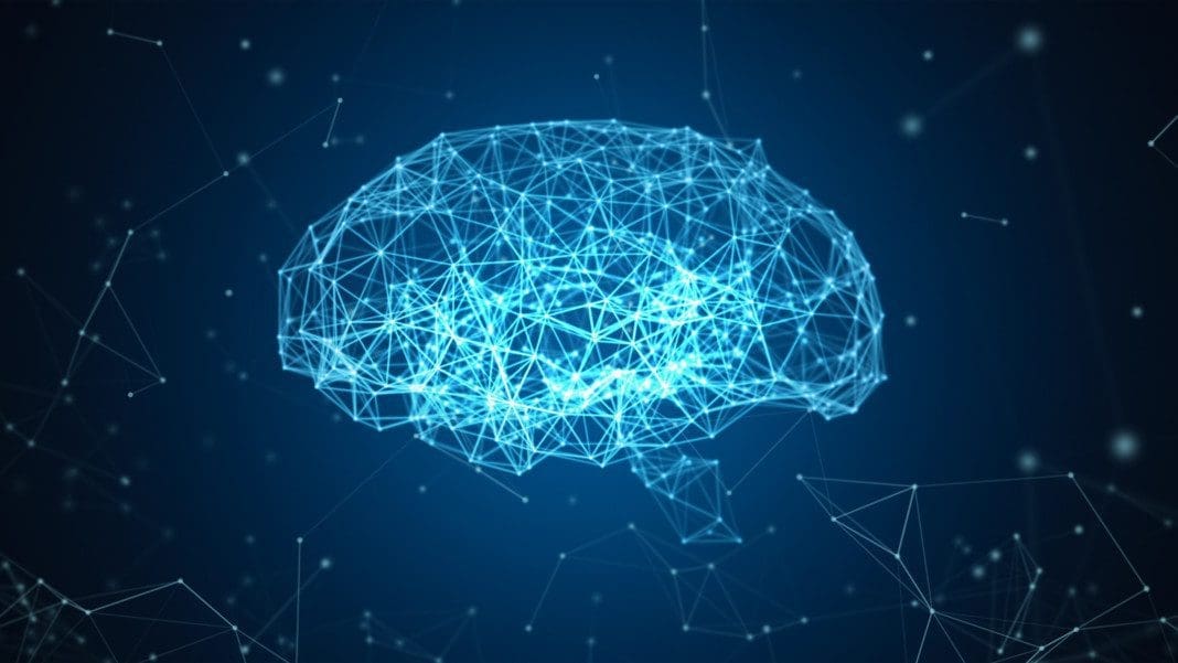 Digital data and network connection of human brain isolated on black background in the form of artificial intelligence for technology and medical concept. Motion graphic. 3d abstract illustration