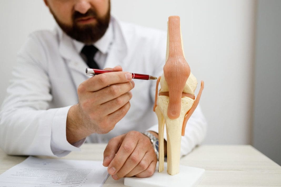 Male doctor shows model of human artificial knee joint in medical office