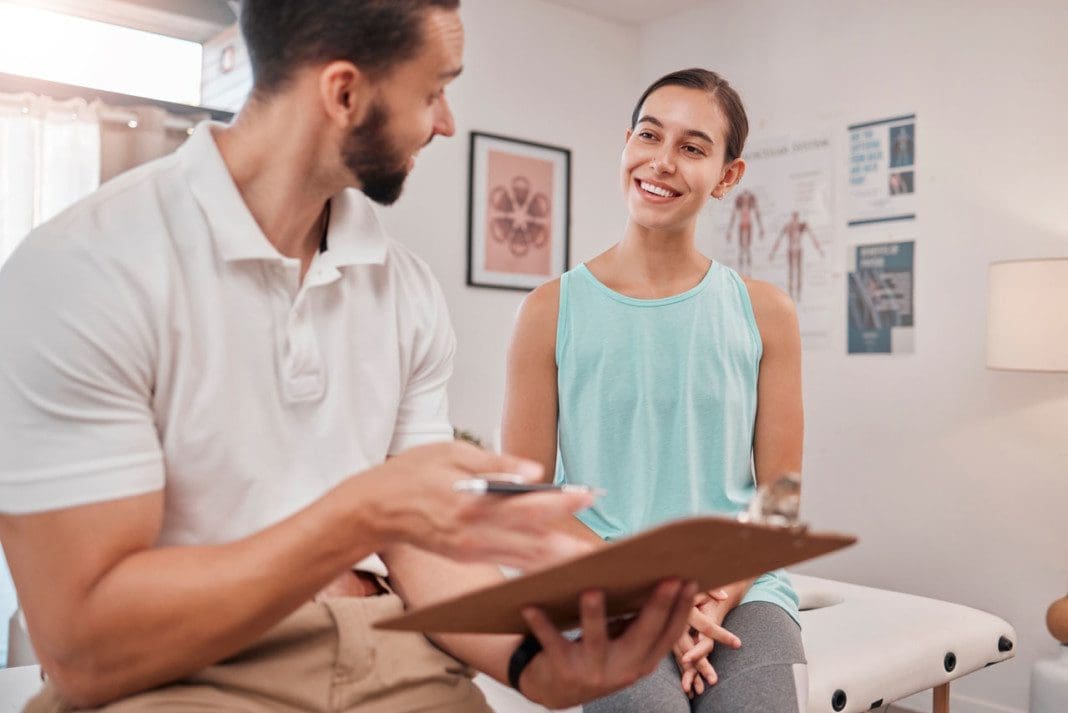 Physiotherapy, rehabilitation and healthcare with a man and woma