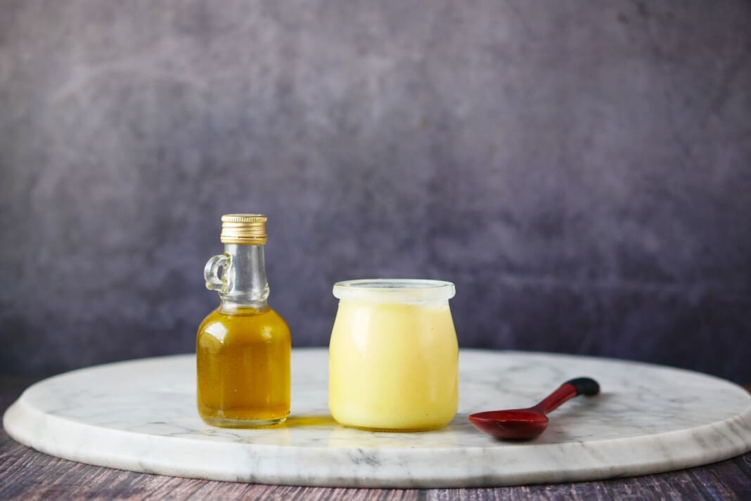 homemade ghee in container on a table ,
