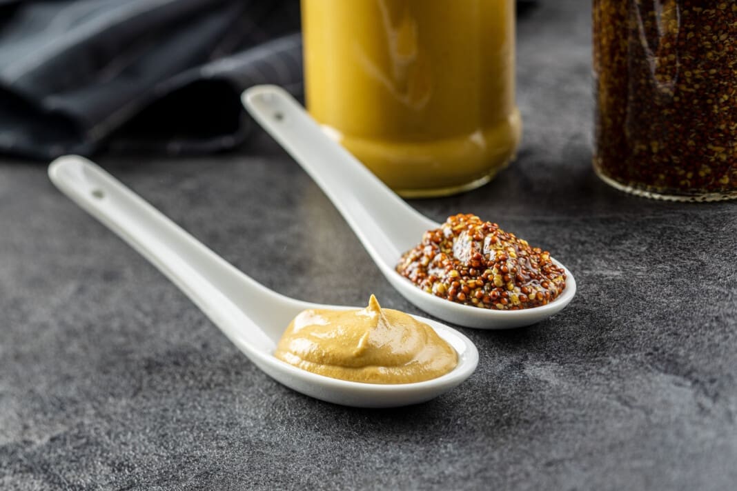 Yellow mustard and whole grain mustard.